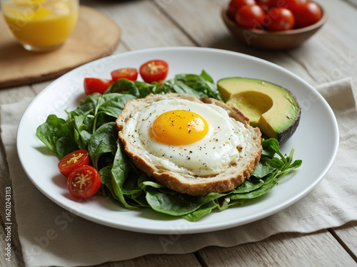 Healthy Breakfast Toast with Fried Egg, Spinach, and Avocado on Rustic Table