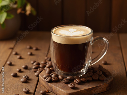 Sunlit Coffee Cup with Roasted Beans on Rustic Wooden Table