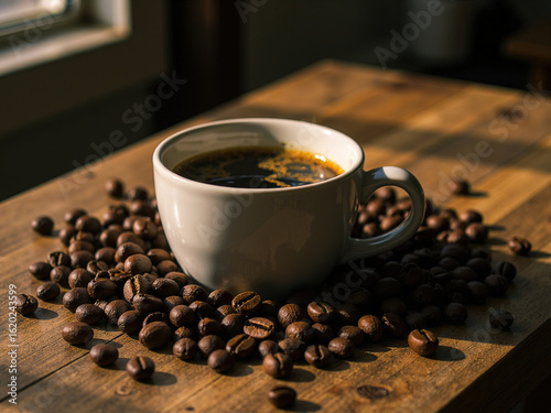 Sunlit Coffee Cup with Roasted Beans on Rustic Wooden Table