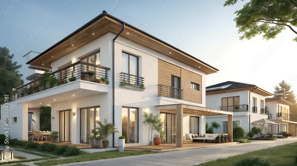 Exterior view of modern two story houses with balconies and wooden accents on a sunny day time shot Exterior view of modern two story houses with balconies and wooden accents on a sunny day time shot