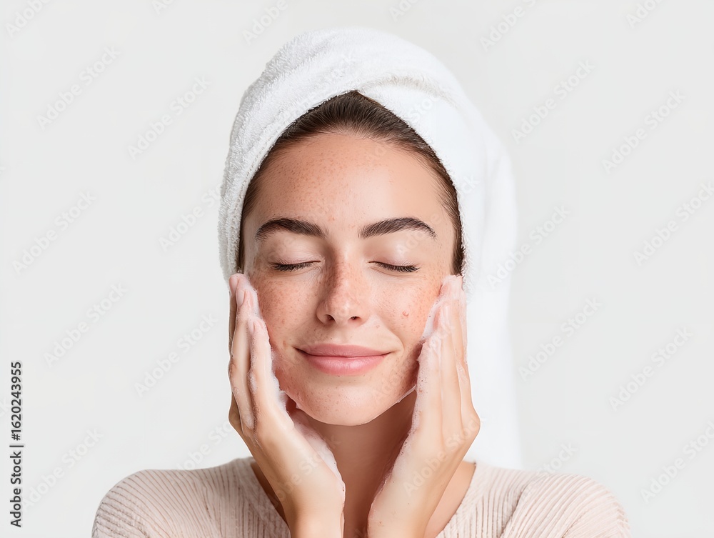 Woman is washing her face with soap. Woman is washing her face with soap.
