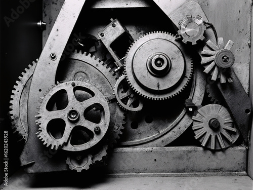 Monochrome Close - Up of Vintage Mechanical Gears in Industrial Machinery