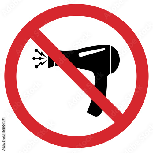 Prohibition sign against using hair dryers in humid environments with black hair dryer icon