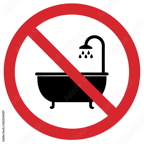 Prohibition sign against using electrical appliances in humid environments with black bathtub and shower icon