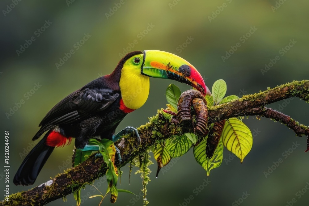 Obraz premium Brightly colored toucan perched among lush green foliage in a tropical rainforest