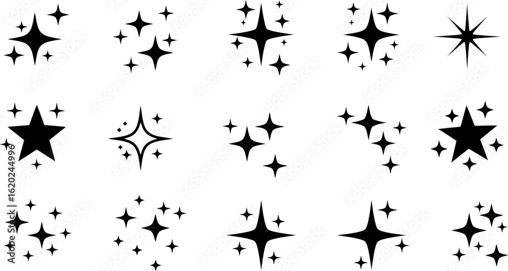 Naklejka premium A diverse collection of black star and sparkle icons, featuring various shining and twinkling effects for creative design.