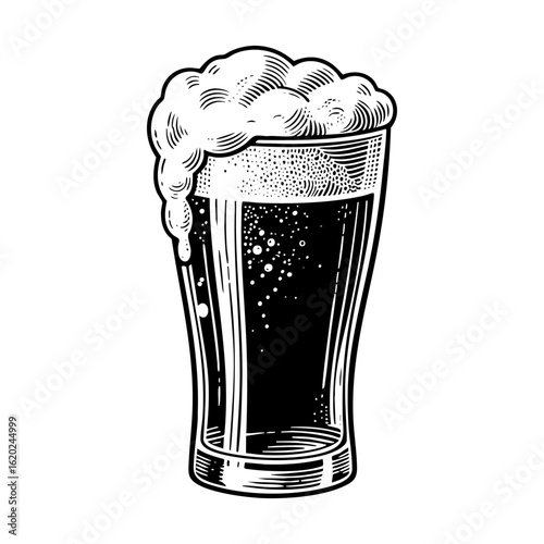 a glass of beer full of foam engraving black and white outline. Scratch board imitation.