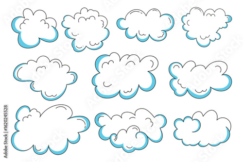 Set of different clouds vector illustration. Cartoon cloud icon black line. Blue sky with white clouds. Weather climate symbol. Computing cloud storage logo. Retro empty comic speech bubbles