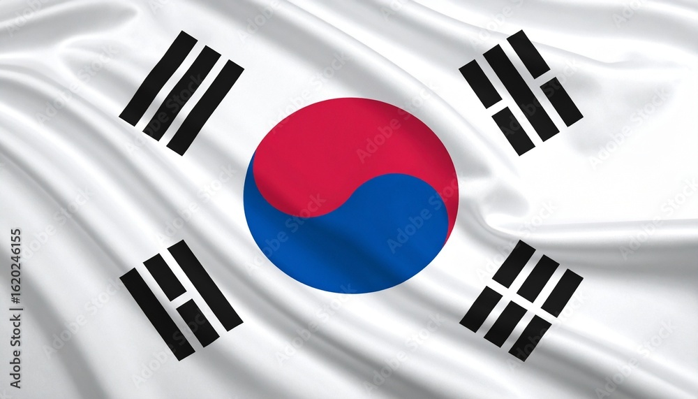 South Korean flag with Taegeuk symbol and four black trigrams on a white field.