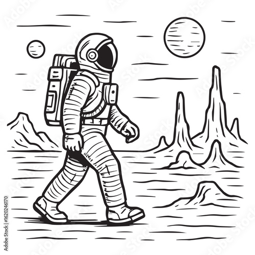 Astronaut Walking on Alien Planet.