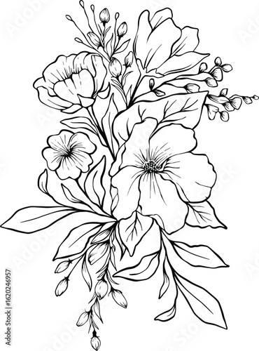 Detailed black and white bouquet with large blooms, fine lined leaves, and buds ideal for nature-themed content, botanical studies, or minimalist visual storytelling