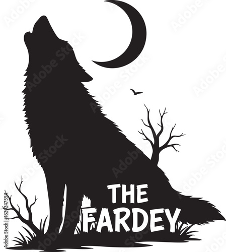 Vector art of silhouette of a wolf howling at the moon with trees and the word the fardey isolated on transparent background