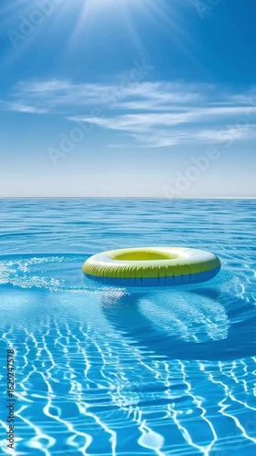 A bright yellow and green inflatable pool float rests on calm blue water under a clear sky. Sunlight reflects off the surface, creating a serene summer scene.
