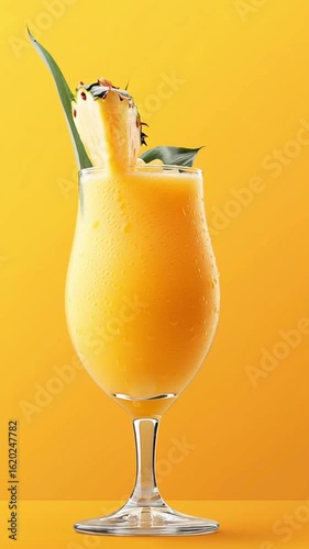 A refreshing tropical smoothie in a tall glass garnished with a slice of pineapple and green leaves. The background is a vibrant yellow.