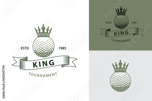 Vintage Golf Tournament Logo with Crown and Ribbon King Championship Emblem