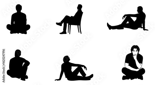 Vector art of collection of silhouettes of men sitting in various poses, isolated on transparent background