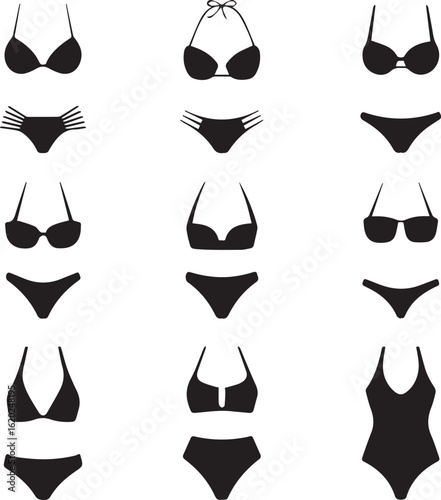 Collection of black womens swimwear silhouettes featuring various bikini styles and a onepiece swimsuit