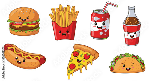 Vector art of cute cartoon fast food characters smiling isolated on transparent background