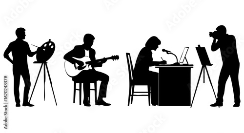 Vector art of silhouettes of people engaged in various creative pursuits isolated on transparent background