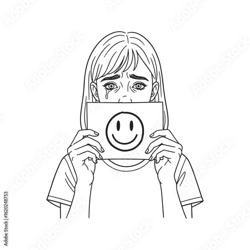 Sad Woman Hiding Behind a Fake Smile. Conceptual Illustration of Depression, Anxiety, and Mental Health