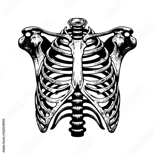 Chest bone sketch engraving black and white outline. Scratch board imitation.