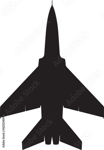 Sleek black silhouette of a military fighter jet with swept wings seen from above