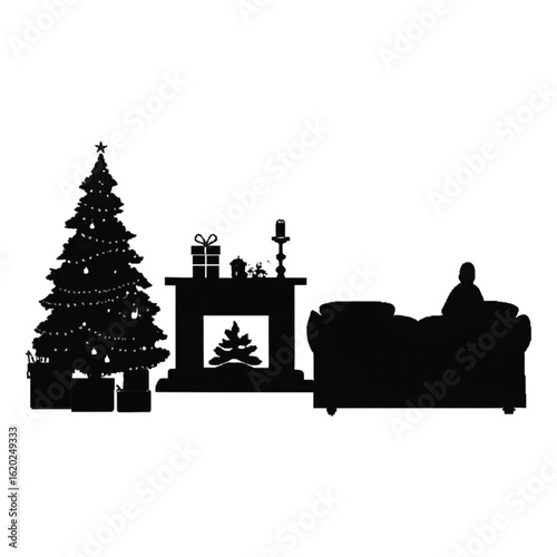 Cozy living room with decorated christmas tree and warm fireplace isolated on white background isolated on transparent background