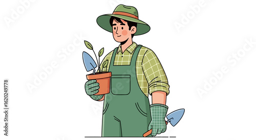 A gardener holding a potted plant and a trowel wearing overalls and a hat in a cartoon illustration