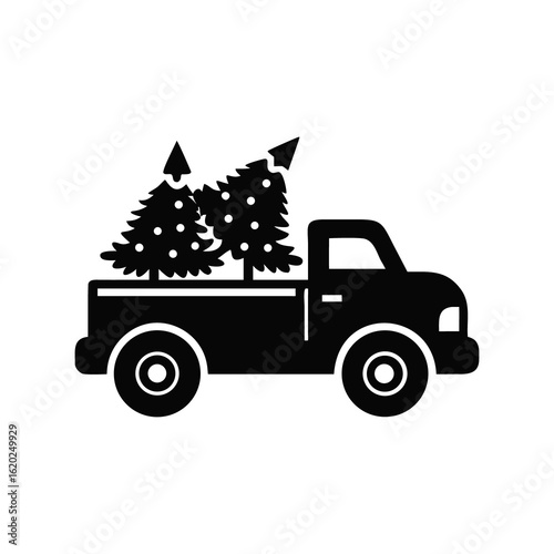 Classic black silhouette pickup truck carrying christmas trees isolated on white background isolated on transparent background