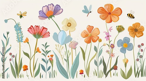 Vibrant Flat Floral World: A Natural Symphony of Greenery, Blossoms and Insects