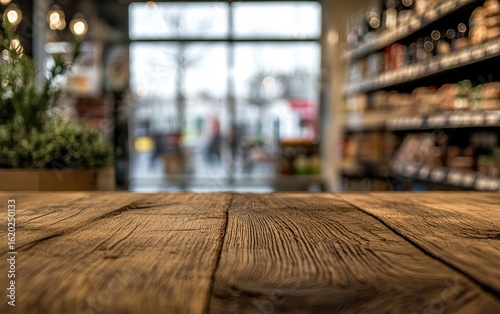 Empty wooden table with nobody in a warehouse or store interior