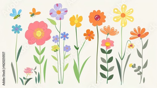 Vibrant Flat Floral World: A Natural Symphony of Greenery, Blossoms and Insects