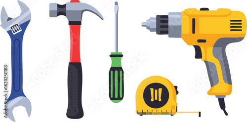 Vector art of set of common hand and power tools including hammer, wrench, drill, isolated on transparent background