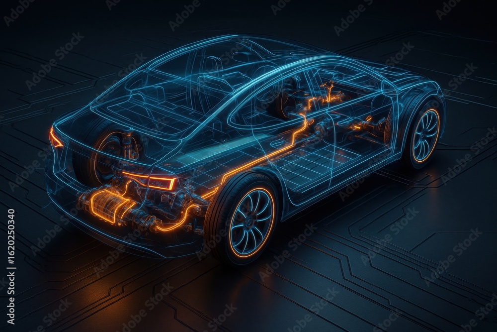 Naklejka premium Electrified Car Design: A futuristic look into the inner workings of an electric car, showcasing its intricate systems and technological innovation.