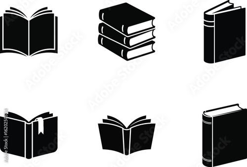 Book silhouette vector icon set, open book and stack of books symbol collection in black isolated on white background