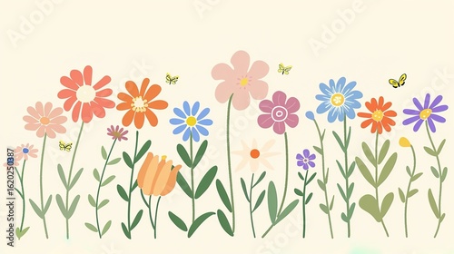 Vibrant Flat Floral World: A Natural Symphony of Greenery, Blossoms and Insects
