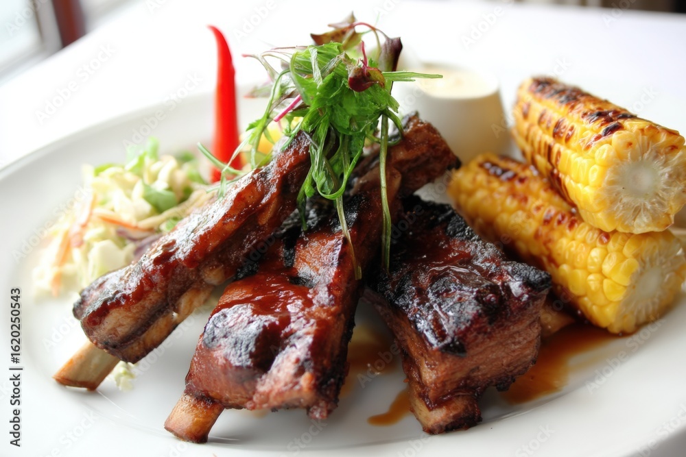 Juicy glazed ribs with fresh greens, accompanied by grilled corn and creamy slaw on a white plate, showcasing a rich blend of textures and flavors