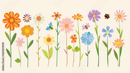 Vibrant Flat Floral World: A Natural Symphony of Greenery, Blossoms and Insects