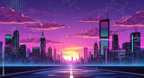 Vaporwave Cityscapes: Retro Neon Glow Aesthetic Abstract Urban Landscape