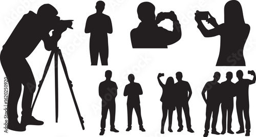 Vector art of collection of silhouettes of people taking photos and selfies, isolated on transparent background