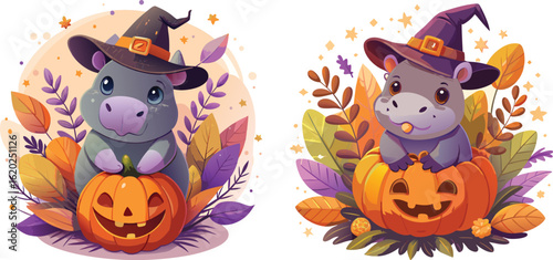 Adorable Cartoon Hippos Celebrating Halloween with Pumpkins and Witch Hats Perfect for Holiday Illustrations and Festive Designs