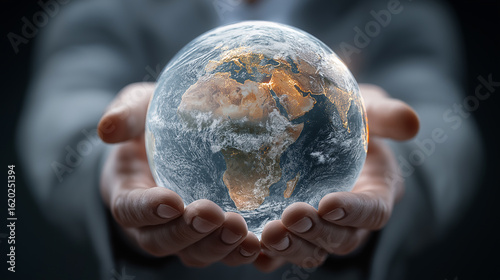 Human Hands Holding Illuminated Glass Globe Of Earth: Detailed View Of Americas With Glowing City Lights And Continent Outlines