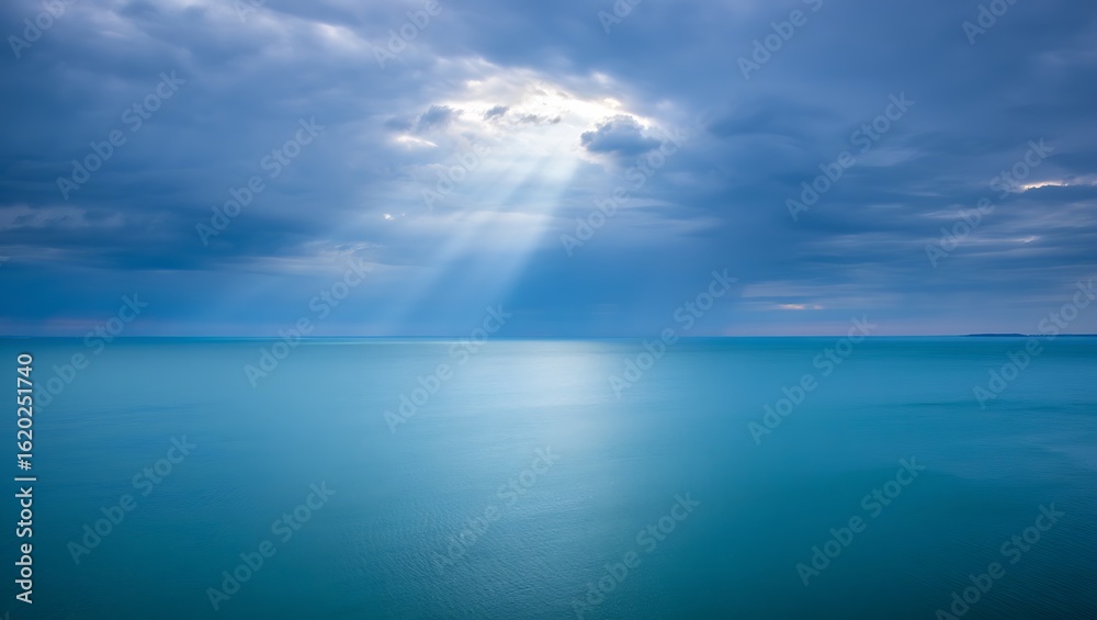 Obraz premium Photo of sun rays pierce through the clouds, illuminating the tranquil sea, creating a breathtaking scene of natures beauty with a serene and calming atmosphere