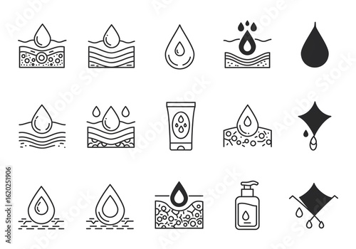 Illustration of skin hydration and skincare products with drops in black and white style icons