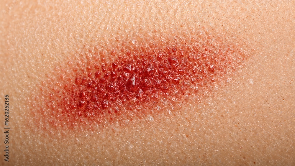 Fototapeta premium Closeup of fresh abrasion wound on human skin with redness and small water droplets indicating minor injury and healing process
