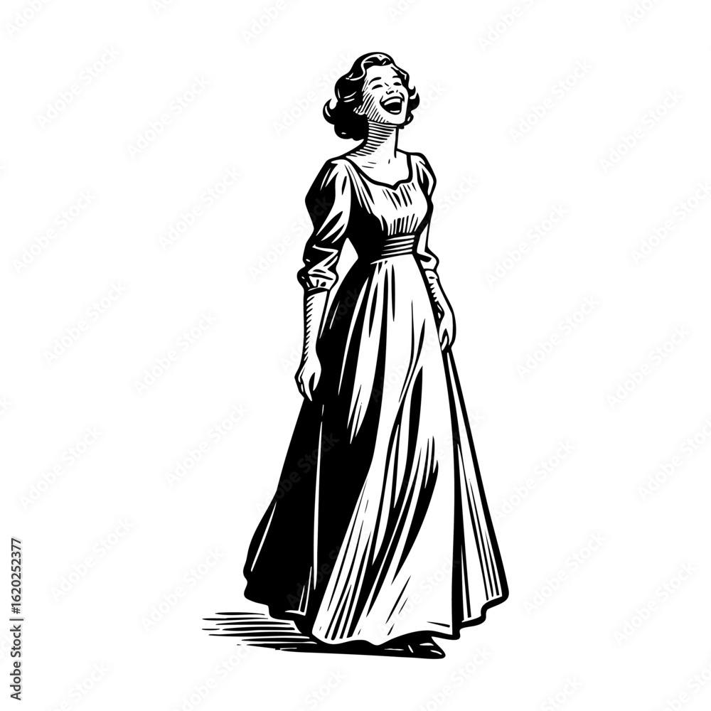 Fototapeta premium woman wear dress laughing showing happiness in Engraved Vintage Style