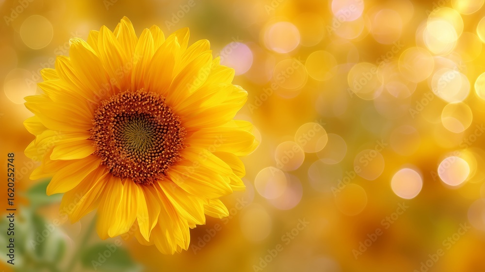 Fototapeta premium Bright yellow sunflower blooming in a sunny field with a soft bokeh background creating a warm ambiance