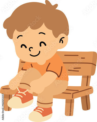 Boy Tying Shoelaces on Benchю A cartoon child sits on a bench, carefully tying their shoelaces in a peaceful outdoor setting.