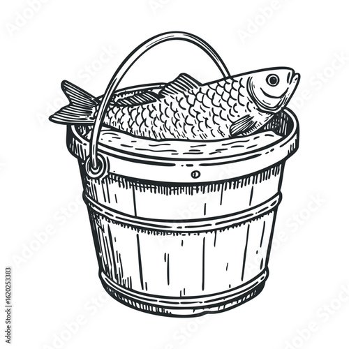 Bucket with freshly caught fish displayed for market sale
