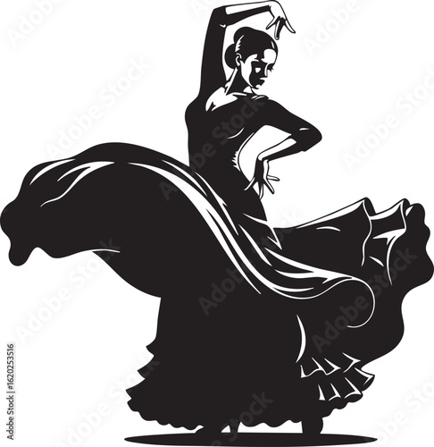 Vector art of silhouette of a flamenco dancer in a flowing dress isolated on transparent background